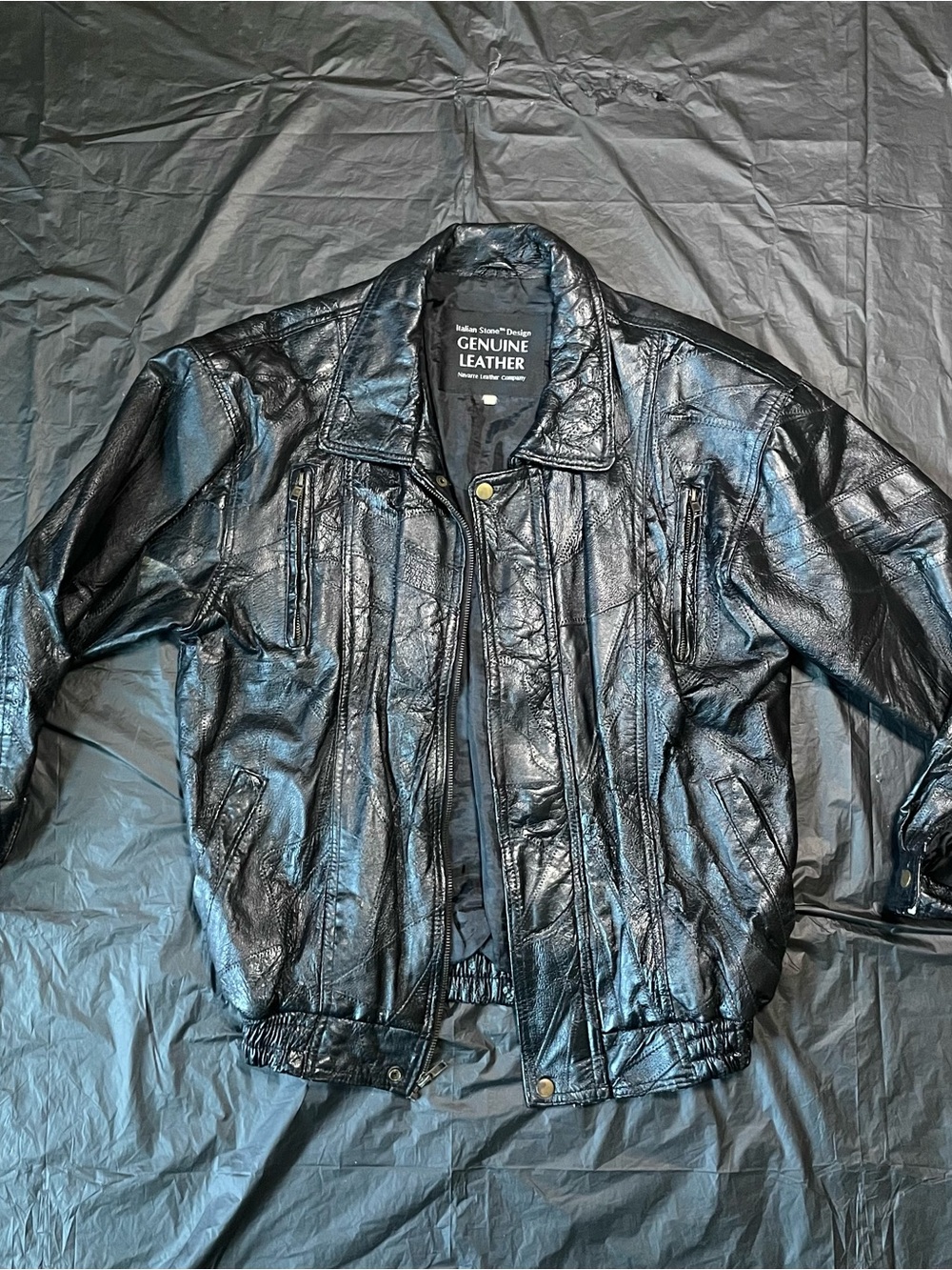 Classic Italian Stone Design Black Genuine Leather Men's Bomber Jacket